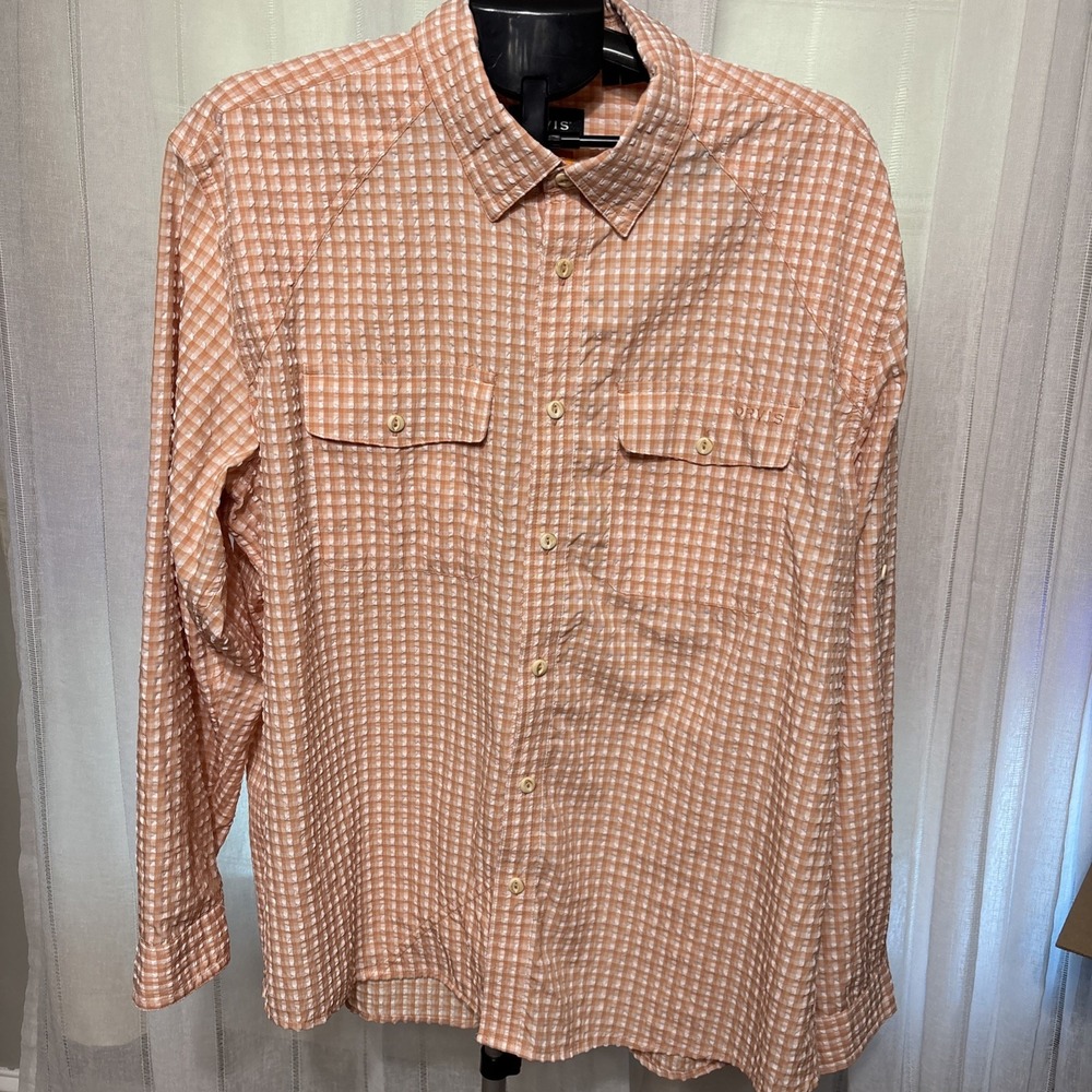 Orvis GINGHAM CHECK Casual Fishing Hiking Shirt Zip‎ Pocket XL Seersucker Orange